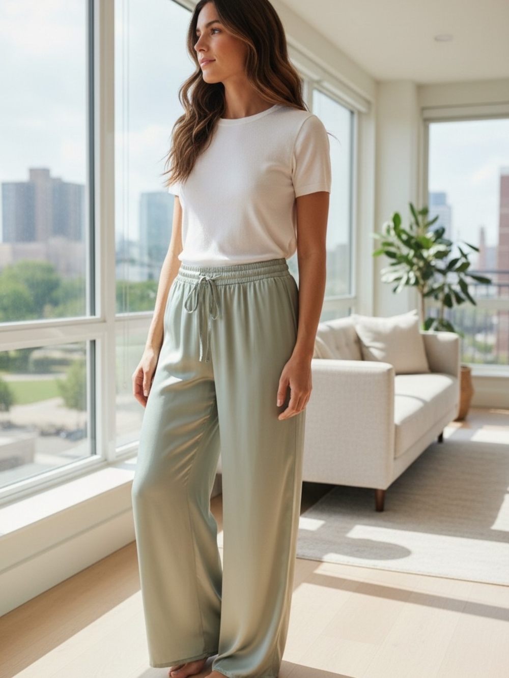 Rachel Zoe Sage Green Satin Wide Leg Drawstring Pants Size Small